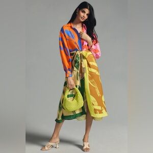 Farm Rio Anthropologie Mixed-Print Shirt Dress XL Tropical Rainbow Toucan Dress